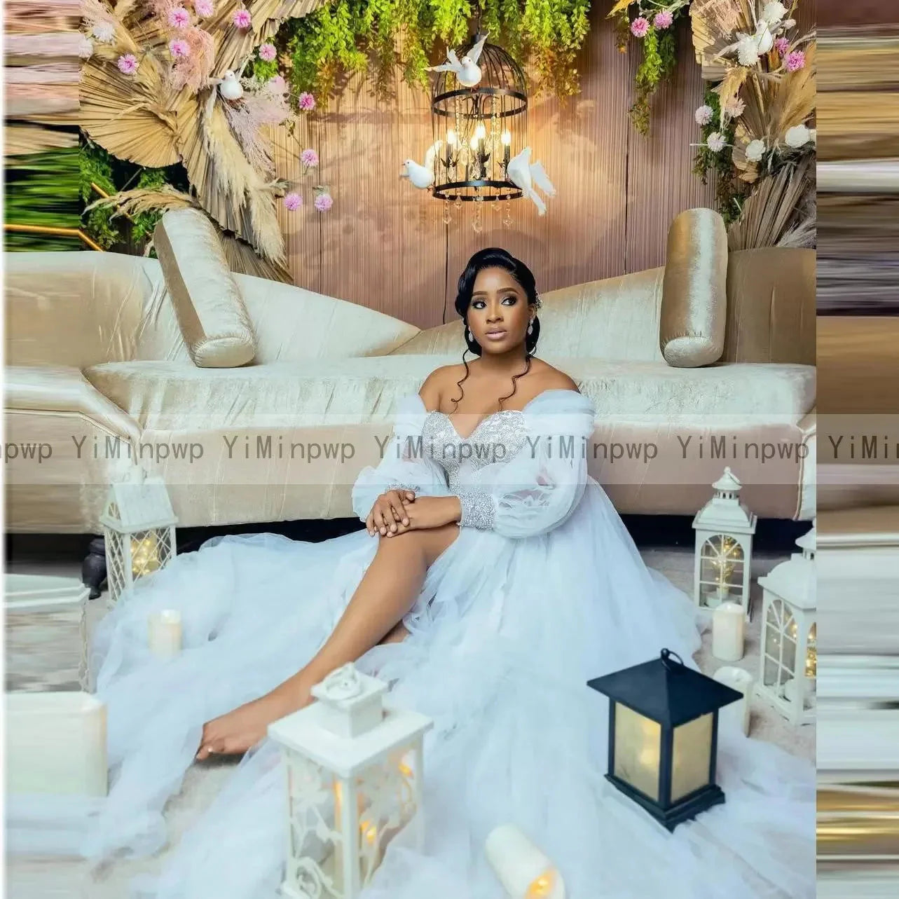 White YiMinpwp tulle A-line wedding dress with rhinestone accents and off-shoulder design from SHOWLU FASHION STORE.