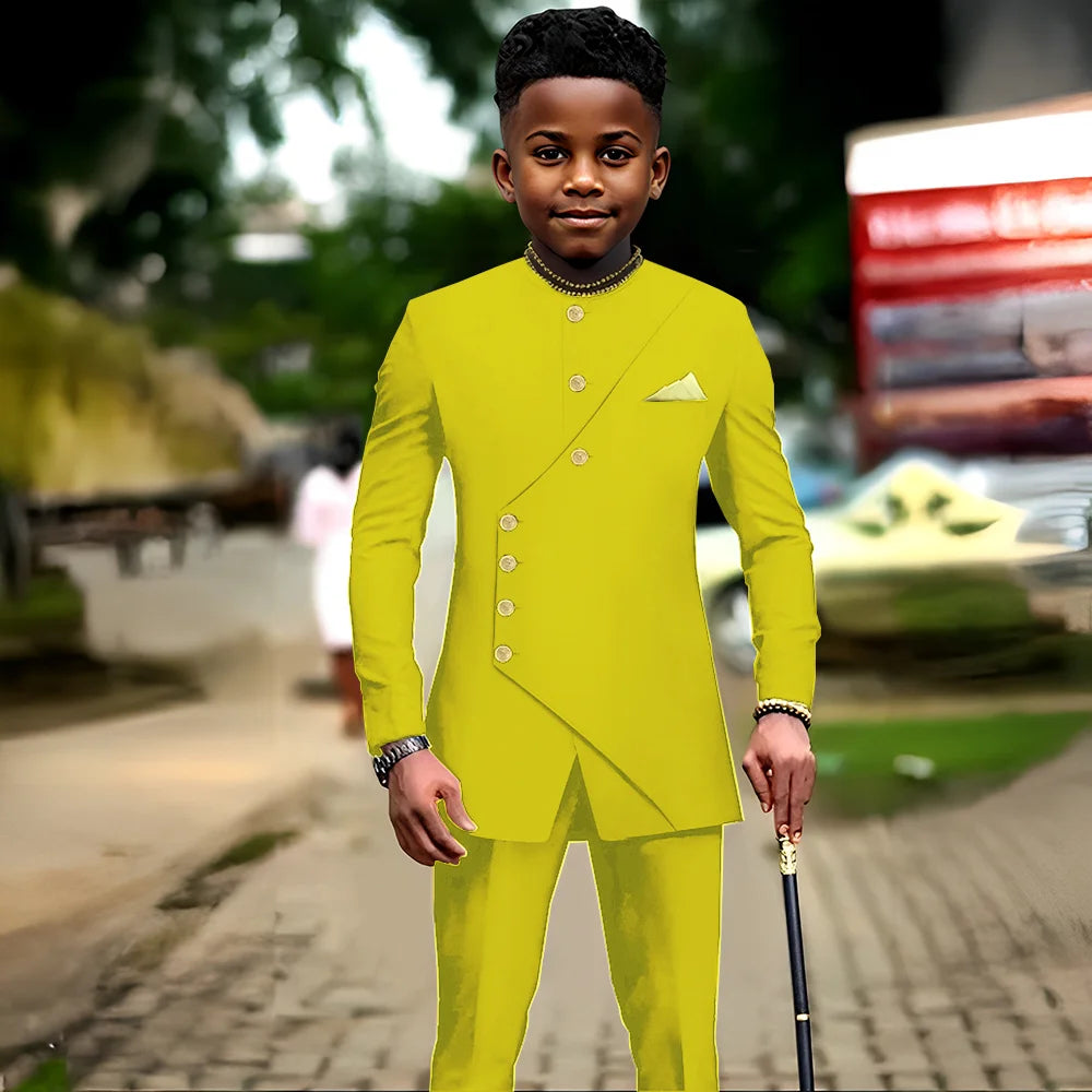 African boys' 2-piece suit jacket and pants set by Showlu Fashion for kids’ party, wedding, or dance, ages 2-16.
