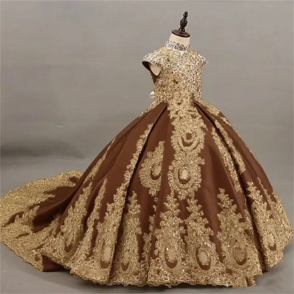 Showlu Fashion Girls' sleeveless ball gown with gold lace embroidery and long train, elegant princess dress for special occasions.