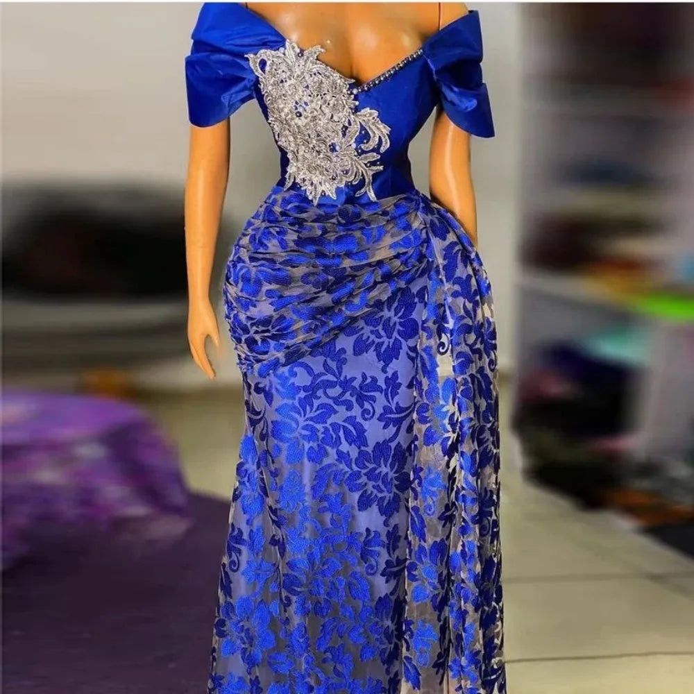 Vintage Aso Ebi Prom Dresses Plus Size Nigeria African Evening Dress Royal Blue Off the Shoulder Long Party Gowns Customized New
