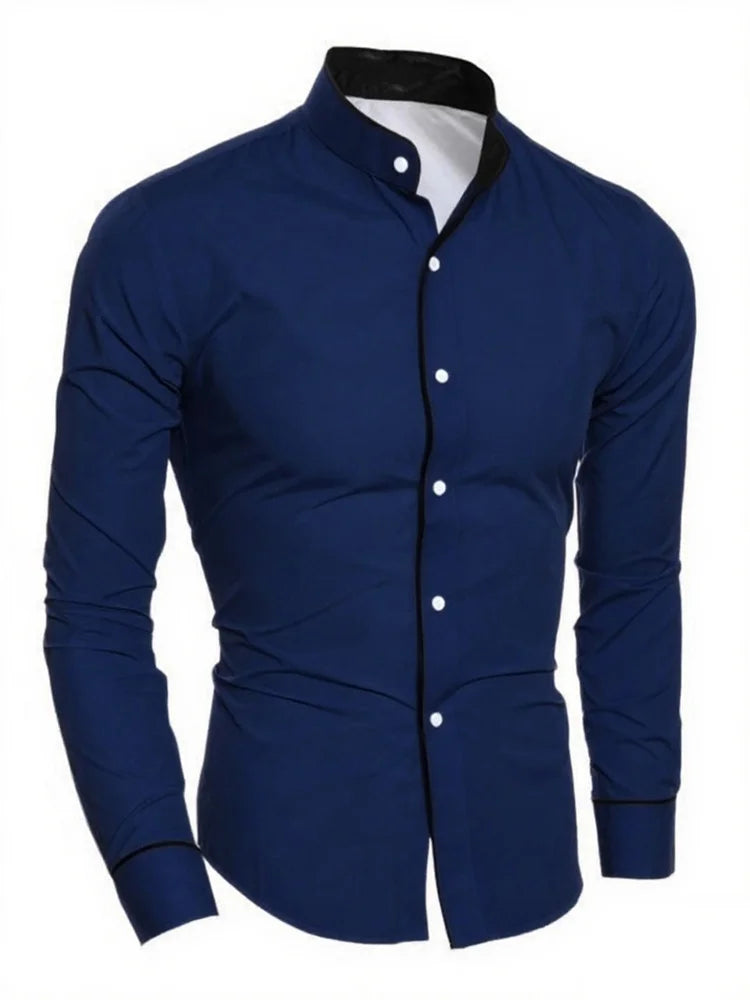 Men's slim fit white long sleeve social shirt by Showlu Fashion Store, high-quality soft fabric, perfect for business or casual wear.