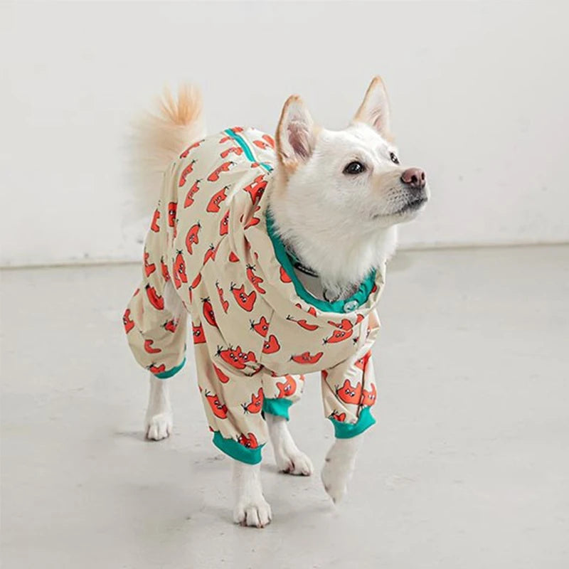 Showlu waterproof hooded dog raincoat with four-leg design, lightweight and protective for rainy weather.