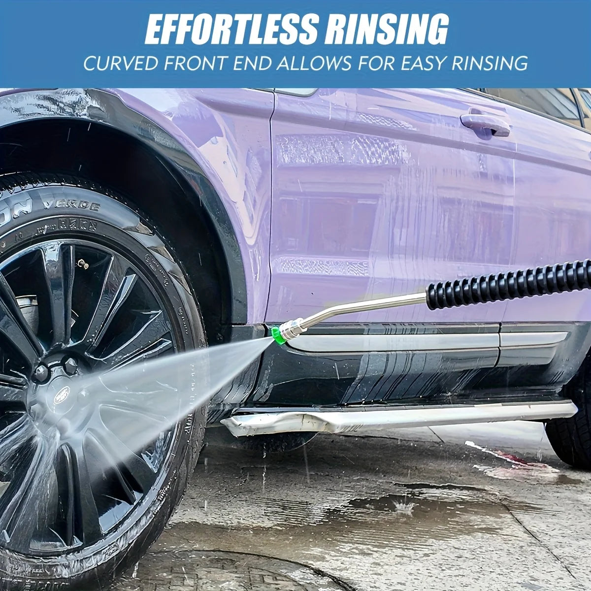 Showlu Smart General car pressure washer extension wand connected to a pressure washer for cleaning vehicles.