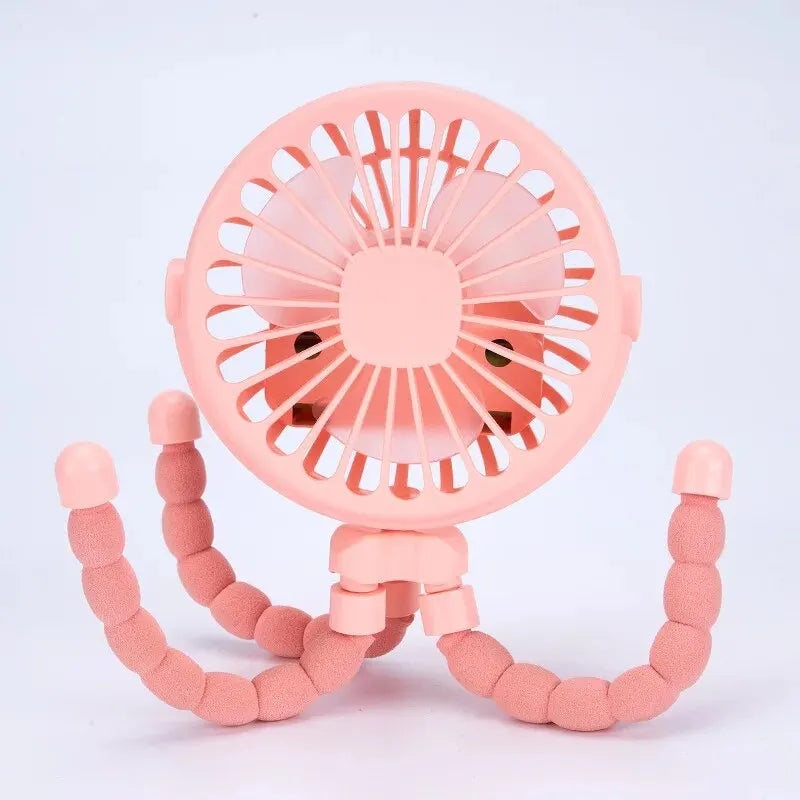 Showlu Portable Octopus Mini Fan in white, USB rechargeable baby stroller fan with flexible octopus arms for adjustable cooling.