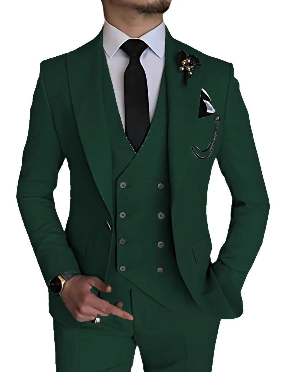 Beige men's formal suit by Showlu Fashion, includes peak lapel blazer, double-breasted vest, and matching pants for wedding or prom