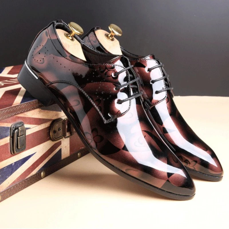 Men's black patent leather Oxford shoes with pointed toes, designed for weddings and formal occasions, from Showlu Fashion Store.
