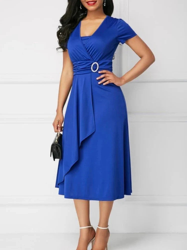 Women's V-neck chiffon midi dress by SHOWLU FASHION STORE, solid color A-line style perfect for parties and special occasions.