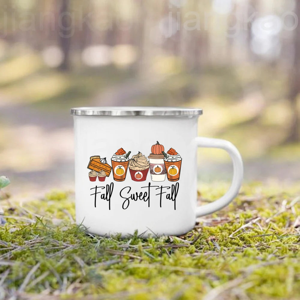 Showlu Pumpkin Spice Jesus Christ enamel mug with fall-themed design, perfect for camping coffee and autumn gatherings.