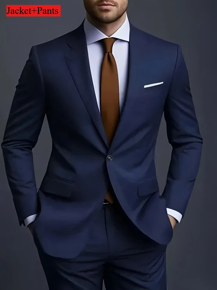 Black men's slim fit tuxedo suit set for weddings and formal occasions, shown on a model with a white shirt and black tie.