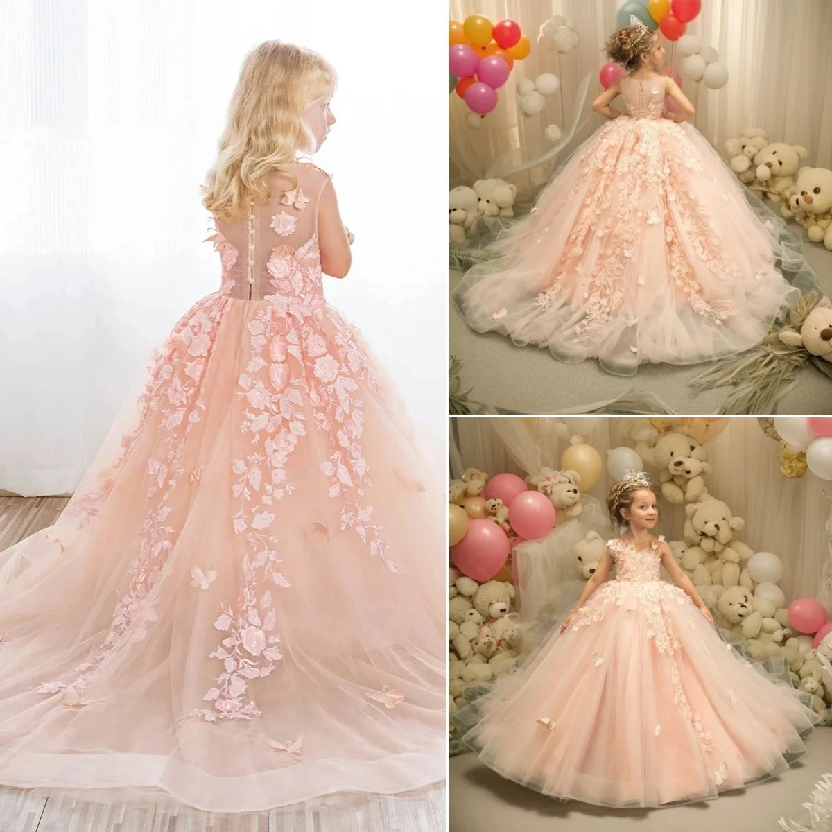 Pink flower girl dress by Showlu Fashion with lace appliqué and tulle, perfect for first communion or special occasions.