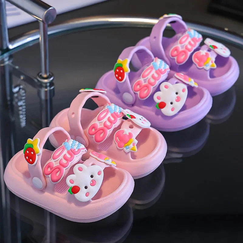 Kids cartoon rabbit sandals by Shijunyi with non-slip soft soles, perfect for beach and outdoor play.