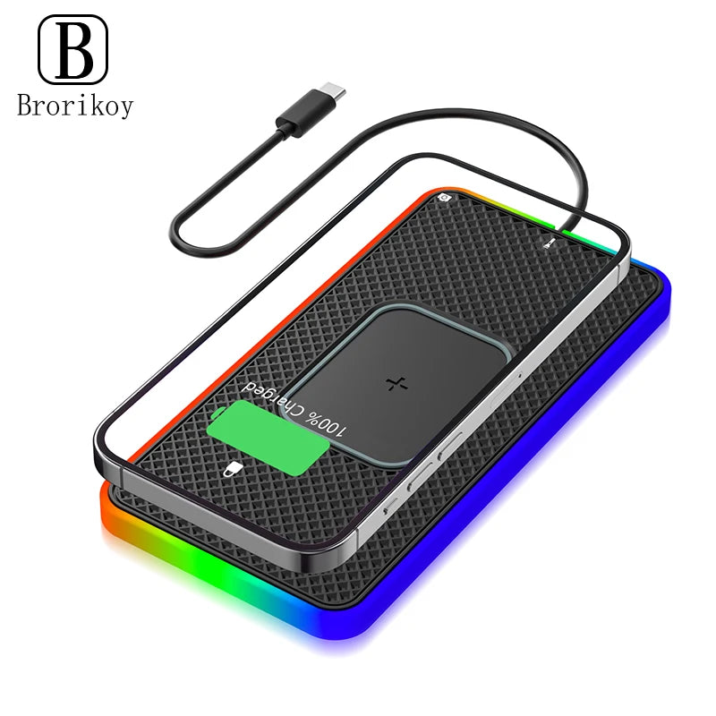 Showlu Smart General Brorikoy 15W Qi wireless car charger with silicone pad for secure phone charging in vehicles.