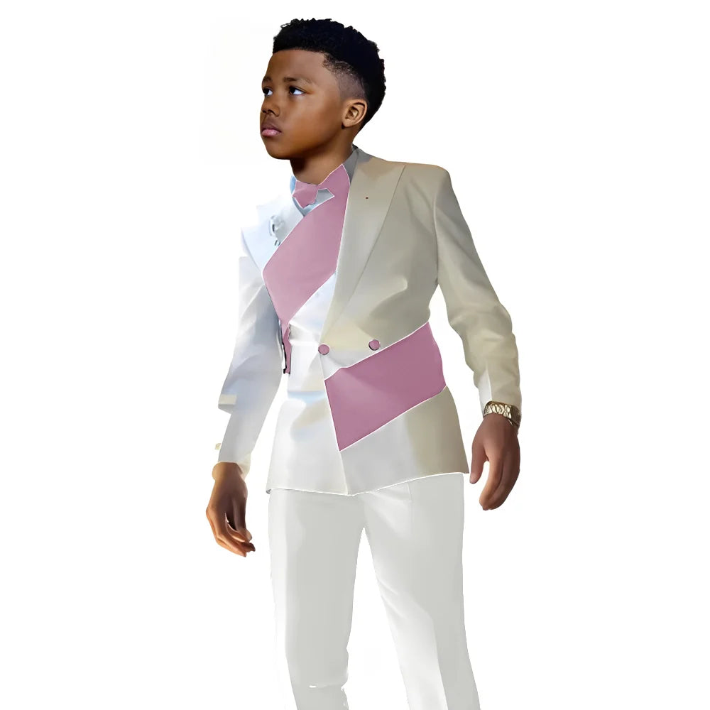 White satin boys' tuxedo suit with blazer and pants, tailored fit, suitable for wedding or formal occasions, sizes 2-16 years.