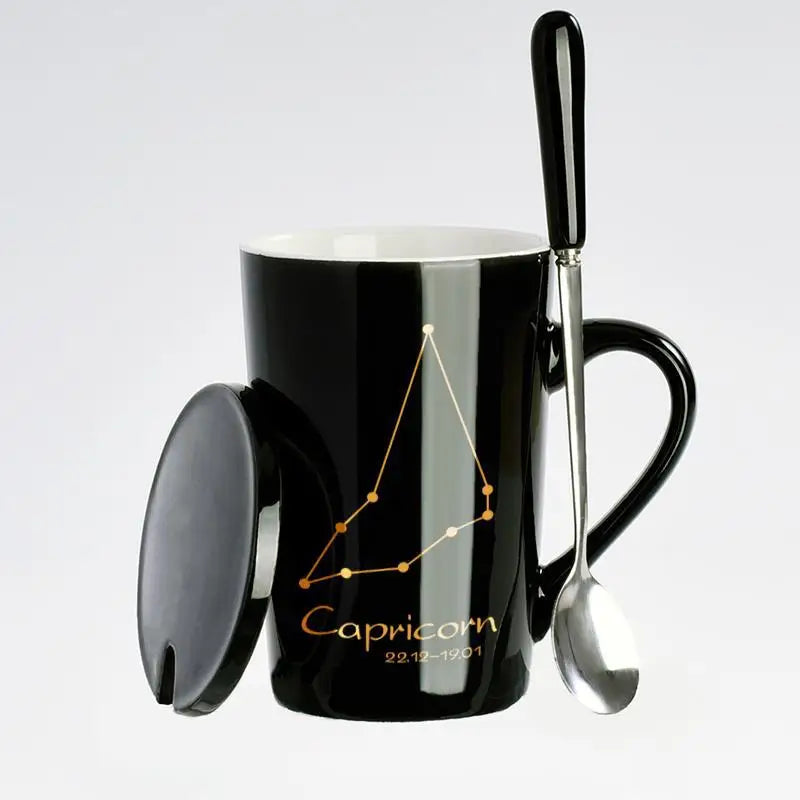 Showlu 12 zodiac signs ceramic coffee mug with lid and spoon in black, featuring detailed zodiac symbols and a modern design.