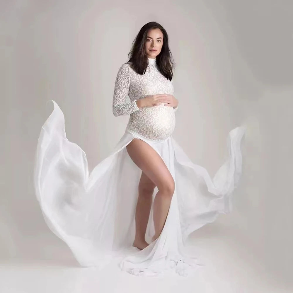 Stretchy lace maternity bodysuit with chiffon sides and slit skirt, perfect for pregnancy photo shoots by Showlu Fashion Store.