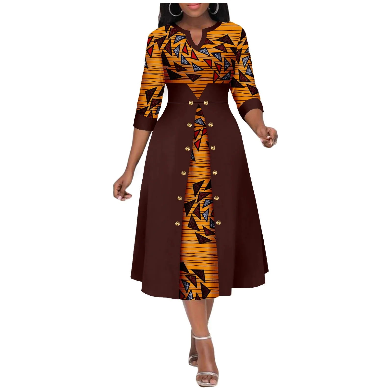 Women's Ankara print V-neck dress by SHOWLU FASHION STORE featuring cotton fabric and an A-line midi skirt design.