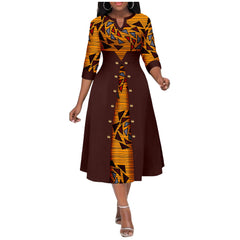 Africa Ankara Printed Fabric Women's Dress V Neck Sexy Double Hem Splicing Clash Color Model Skirt 2425190