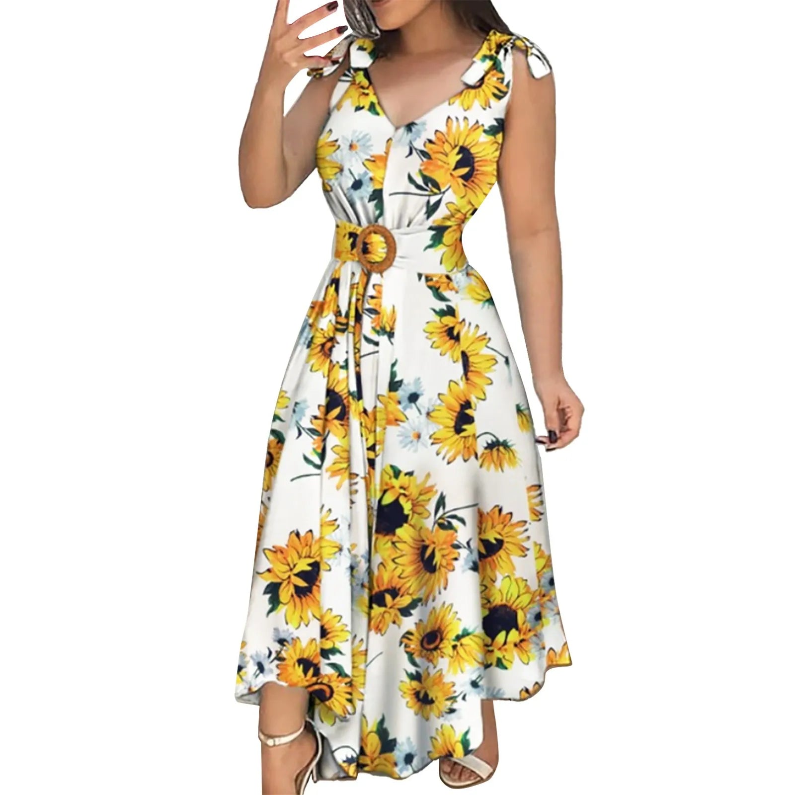 Floral sleeveless maxi beach dress for women by SHOWLU FASHION STORE with a waist belt and flowing design.