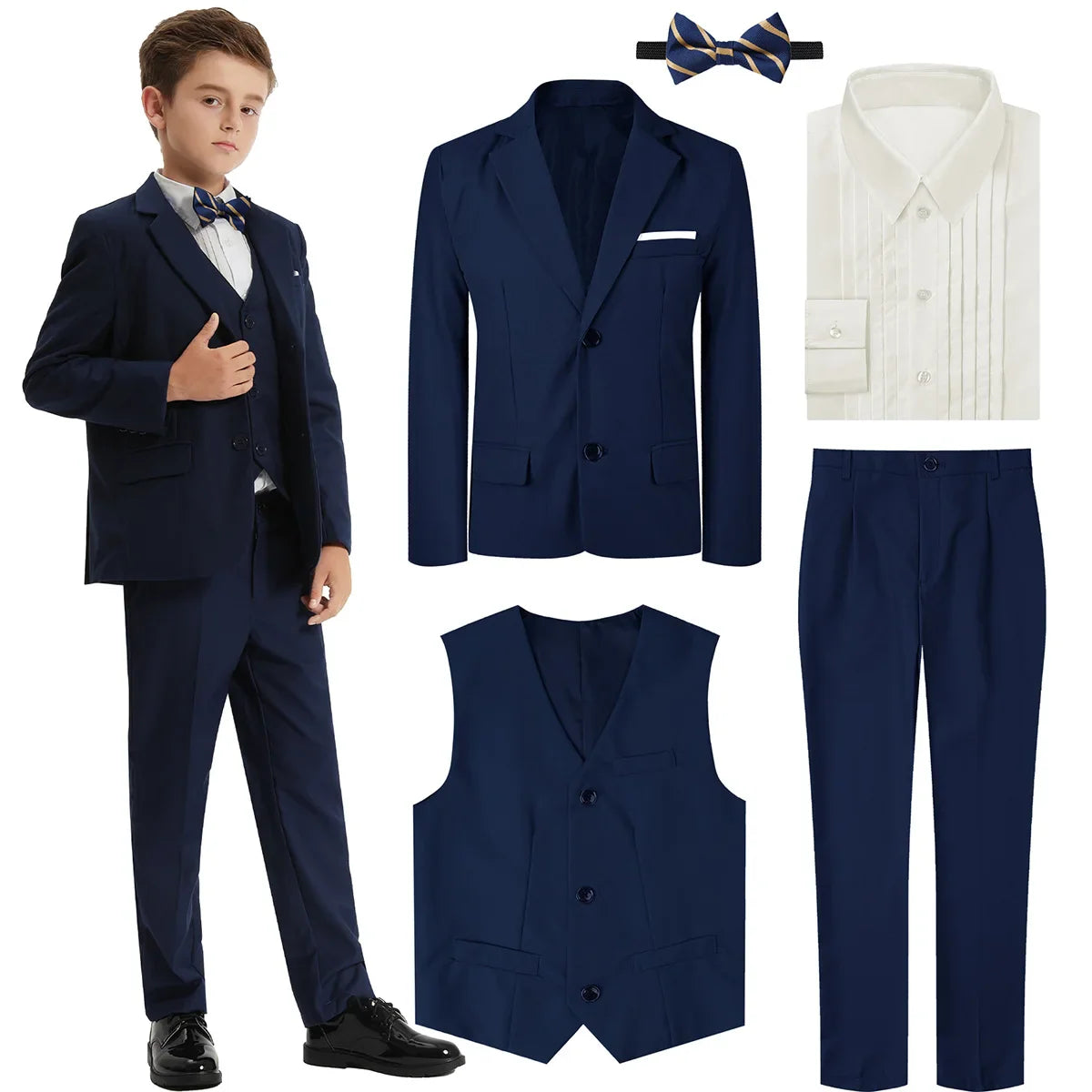A&J DESIGN boys formal suit set with navy blazer, dress shirt, and trousers, perfect for kids' weddings and special occasions.