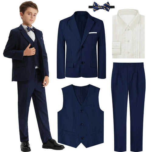 A&J DESIGN boys formal suit set with navy blazer, dress shirt, and trousers, perfect for kids' weddings and special occasions.