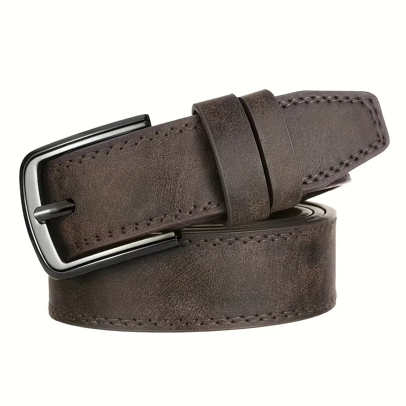 Showlu men's casual PU leather belt with metal needle buckle, featuring a sleek design and adjustable fit.