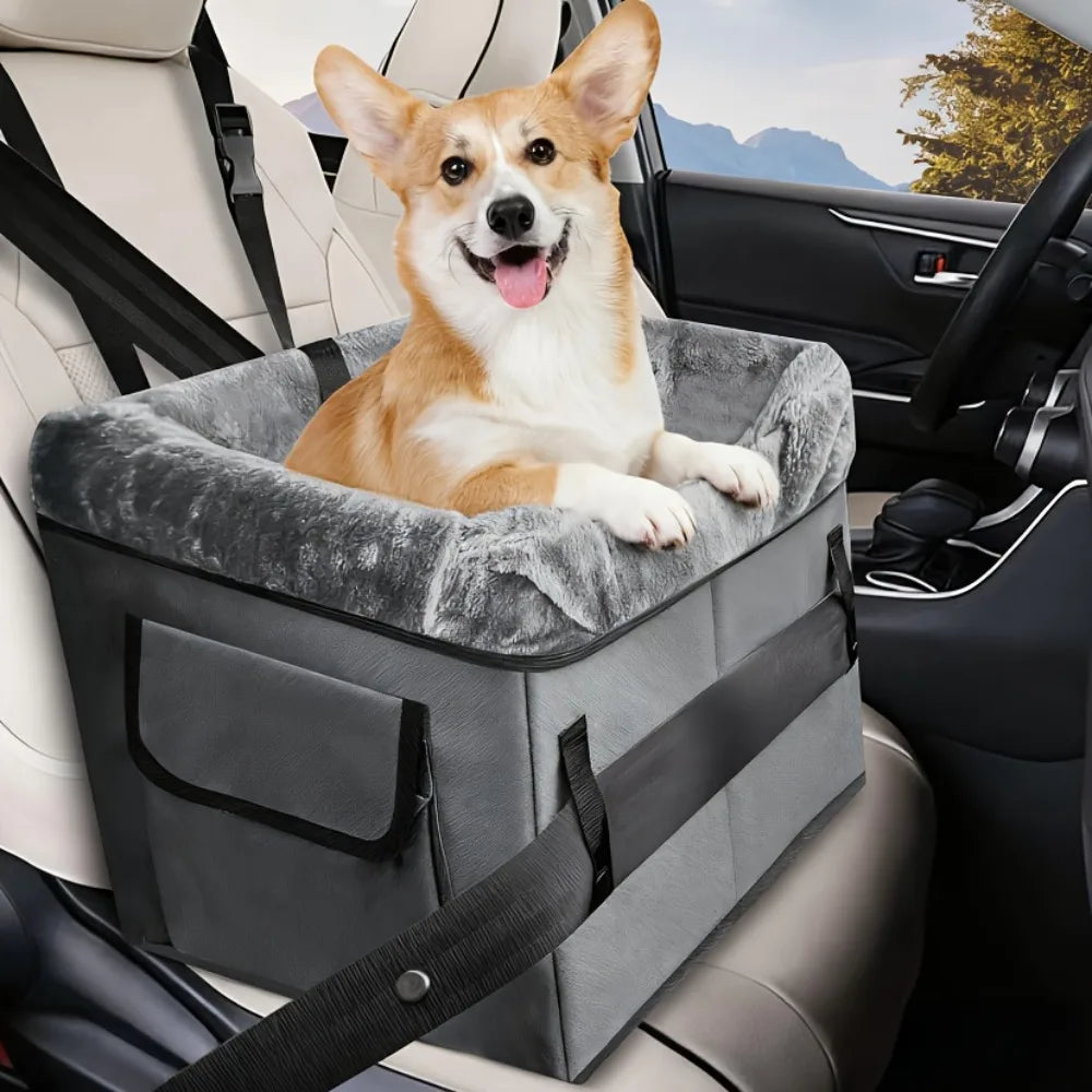 Showlu Portable Dog Booster Seat made of heavy-duty nylon, designed for small dogs to sit comfortably in cars.