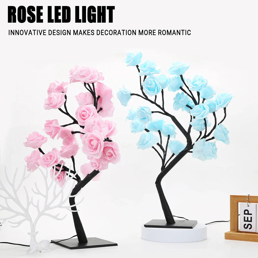 XIWANGFIRE Rose Tree Table Lamp with 24 LED USB fairy lights, floral night light, decorative indoor lighting in a delicate rose design