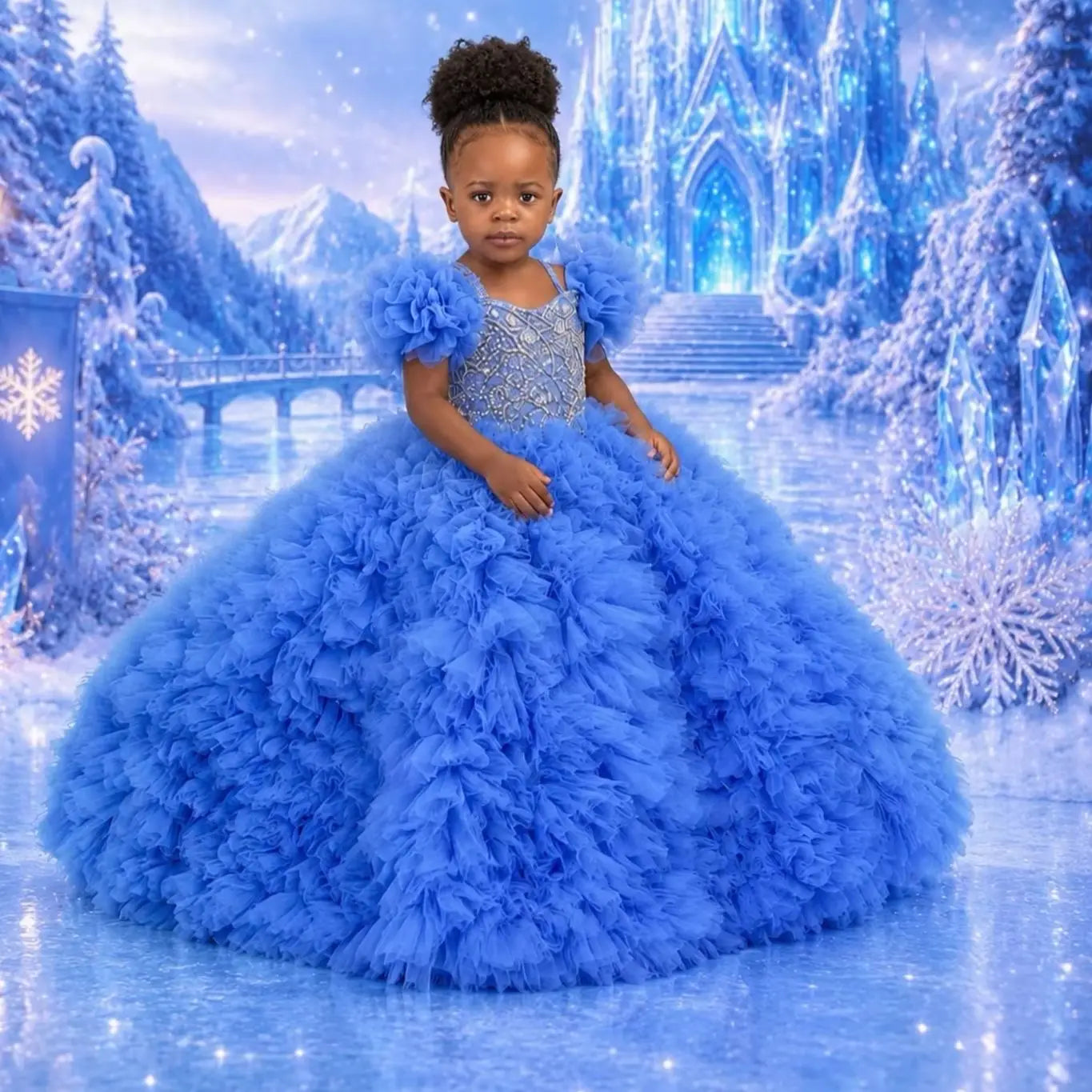 Customized Blue Princess Flower Girl Dresses Prom Ball Gowns Puffy Tulle Kids Wedding Birthday Party Dresses