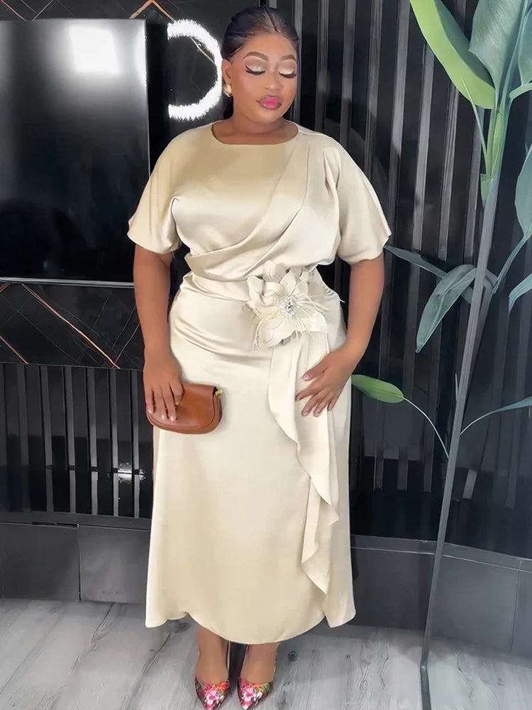 Women's satin maxi evening dress with short sleeves, African abaya style by SHOWLU FASHION STORE, elegant and flowing.