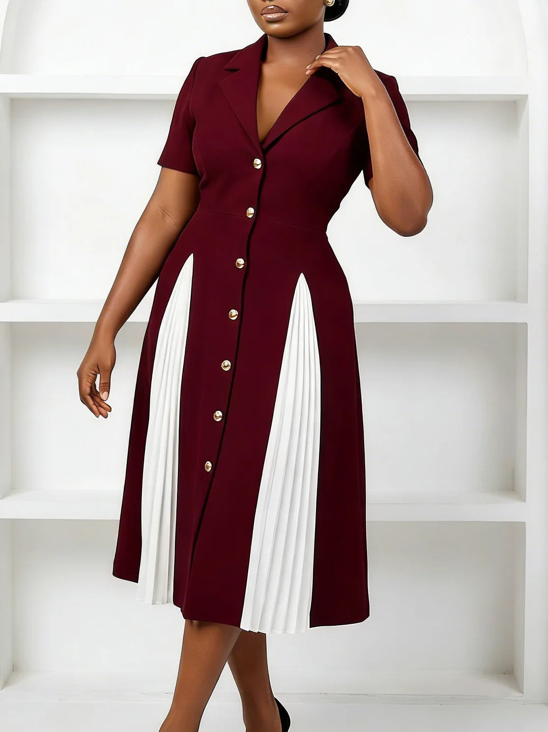 Elegant women's business casual dress by Showlu Fashion, patchwork cotton blend fabric, stylish and comfortable for professional wear.