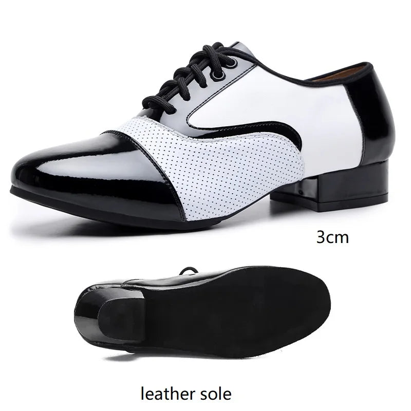Men's modern dance shoes by Showlu Fashion, soft leather, breathable, suitable for jazz, social Latin, and formal dance performances.