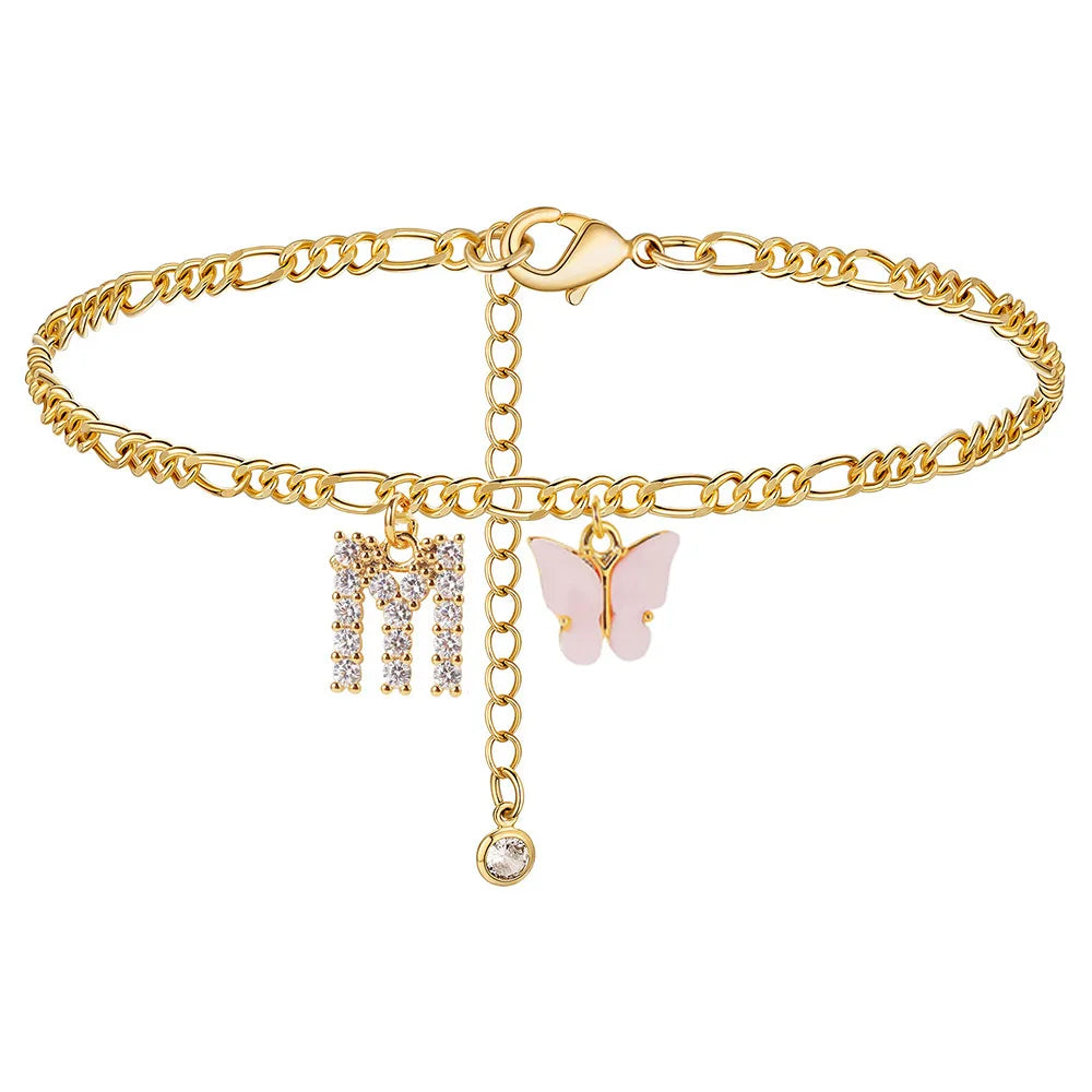 Stainless steel initial A-Z letter anklet with butterfly design, waterproof jewelry chain for women and girls, trendy leg accessory