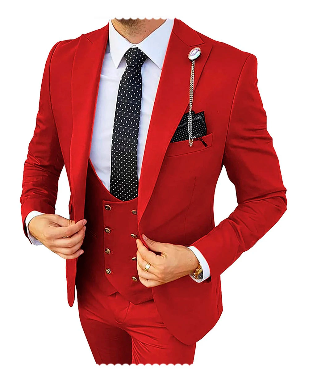 Formal men's 3-piece wedding suit by Showlu Fashion, featuring a champagne slim fit tuxedo blazer, pants, and vest.