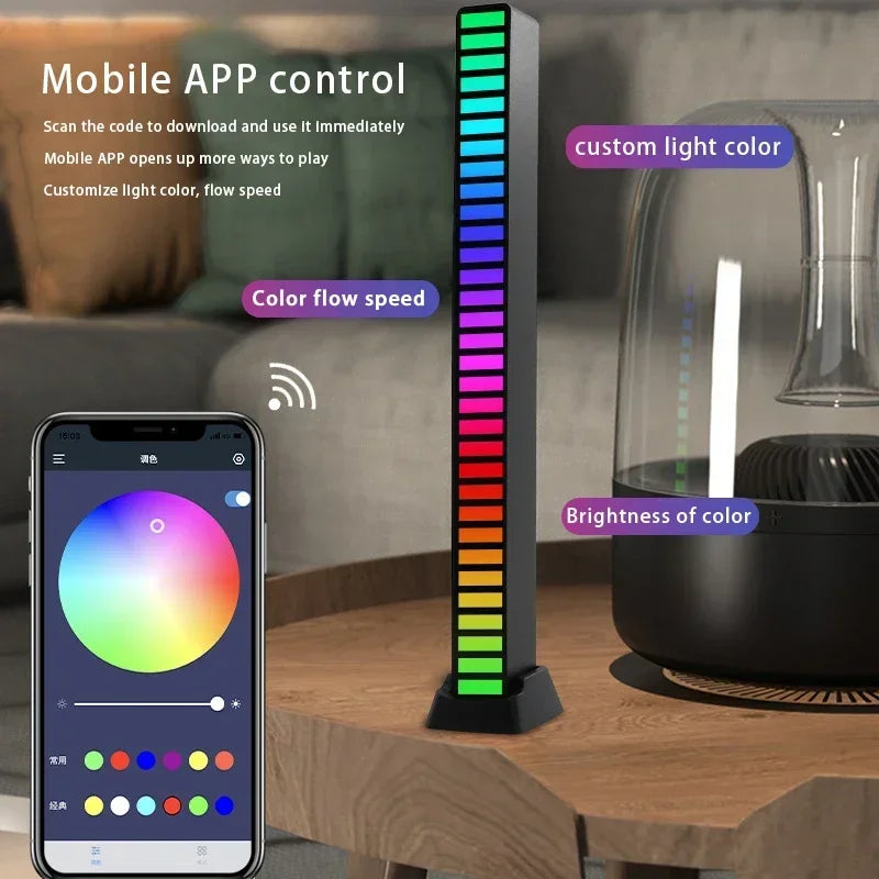 Showlu Smart RGB Sound Control LED Music Rhythm Light Bar displaying colorful lights reacting to music rhythms.