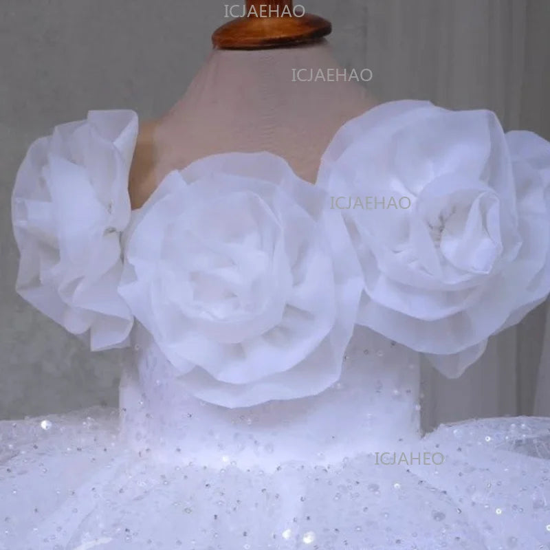 New Kids Girls Princess Dress Children Fashion Sleeveless White Off Shoulder 3D Floral Tulle Gown Baby First Birthday Costume