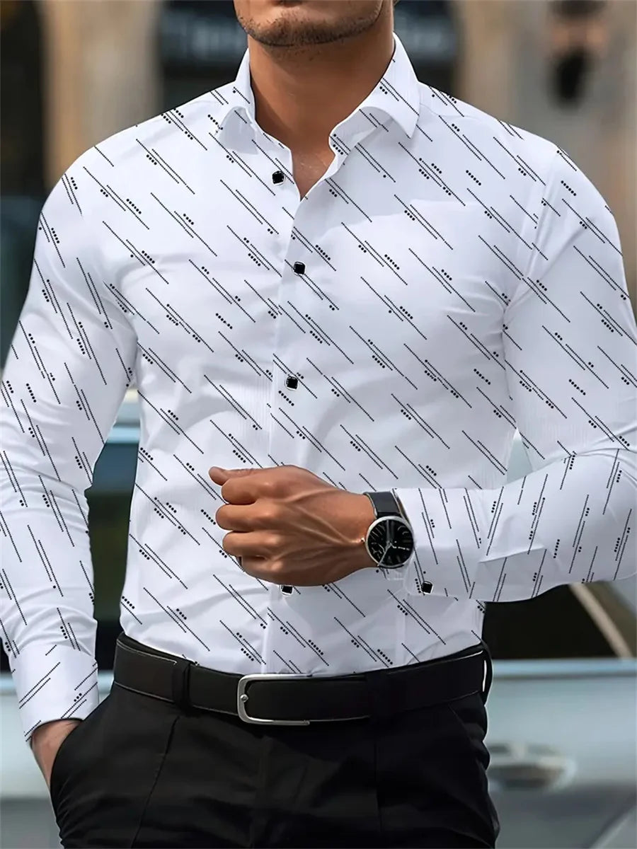 Men's long sleeve shirt with geometric line print, versatile casual and office wear by Showlu Fashion Store.