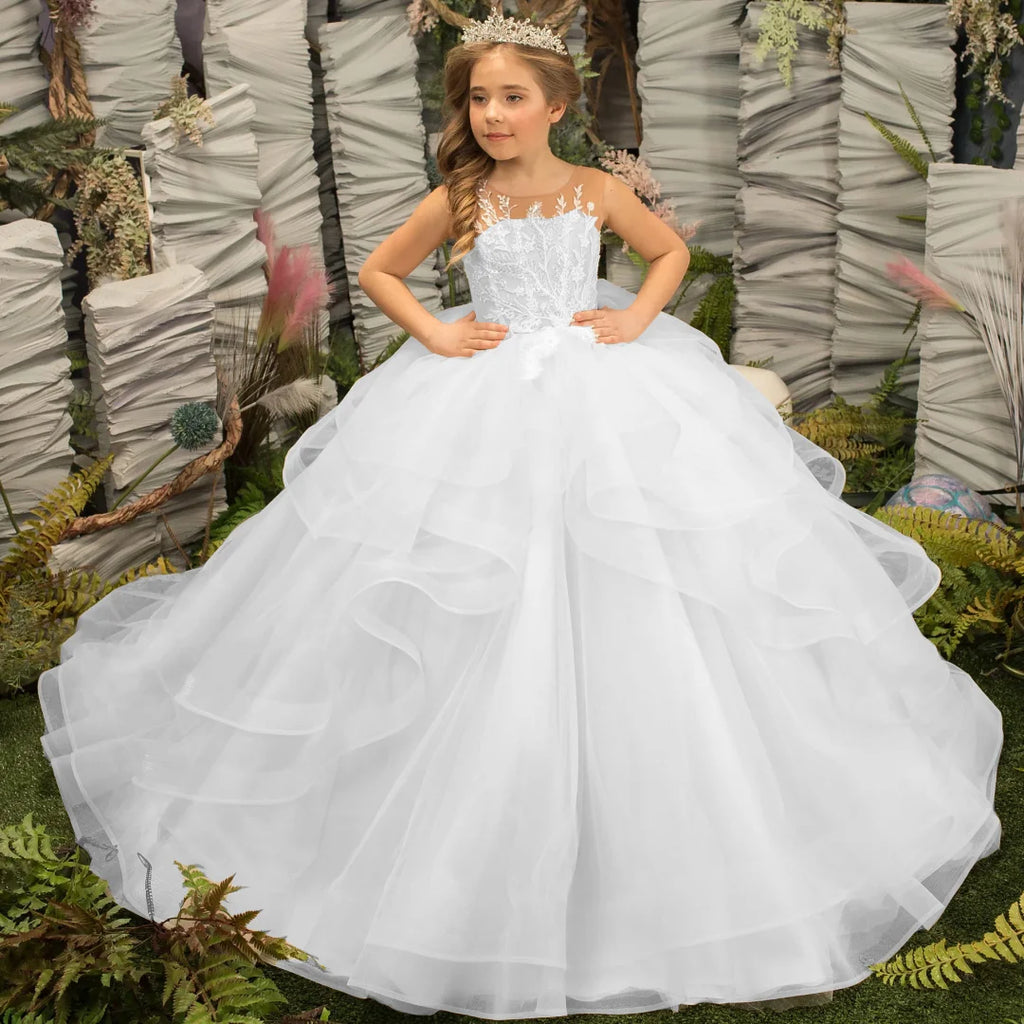 Light champagne flower girl dress by Gdybao featuring a tulle tiered ball gown for weddings, designed by Showlu Fashion Store.