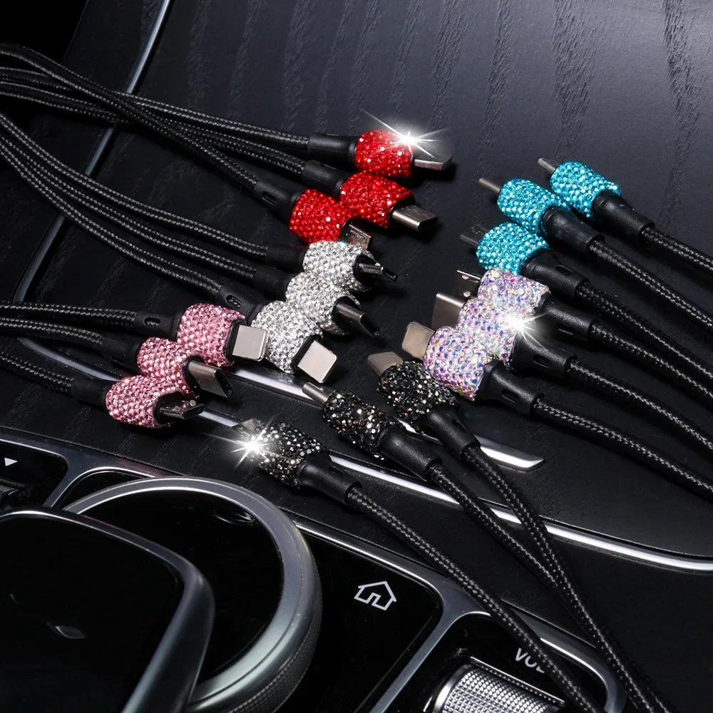 Showlu Pink Crystal Dual USB Car Charger with 3-in-1 charging cable, compact design, and stylish crystal accents.