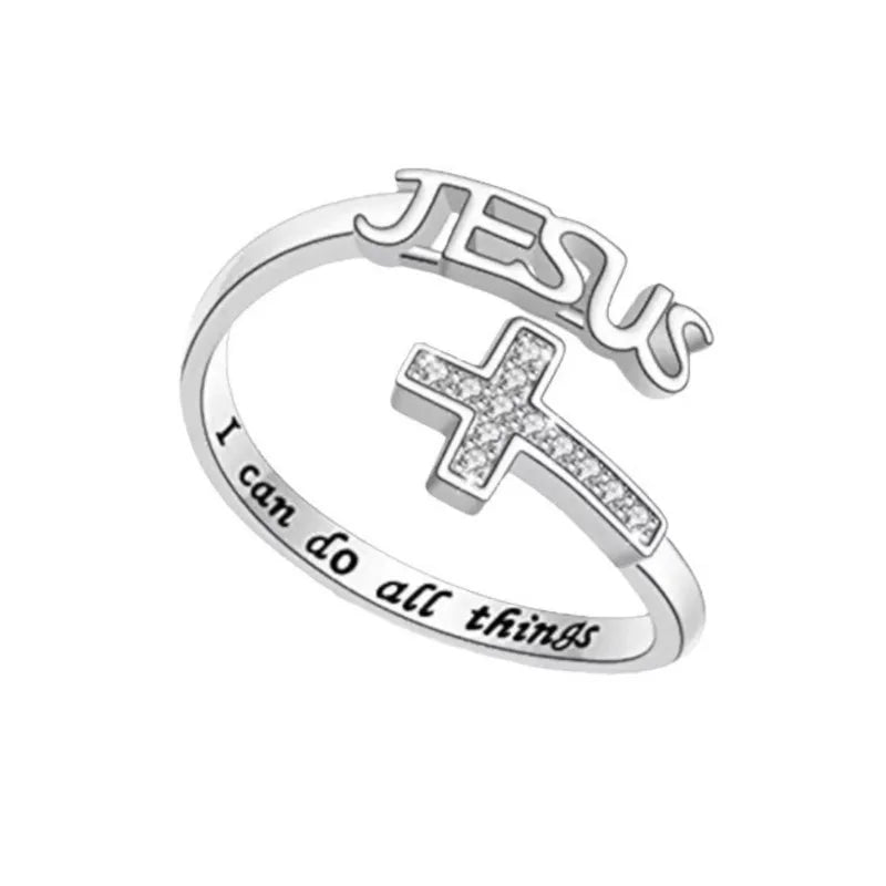 Showlu Silver Cross Jesus Zircon Ring featuring a cross and Jesus design, crafted with sparkling zircon stones on a silver band.