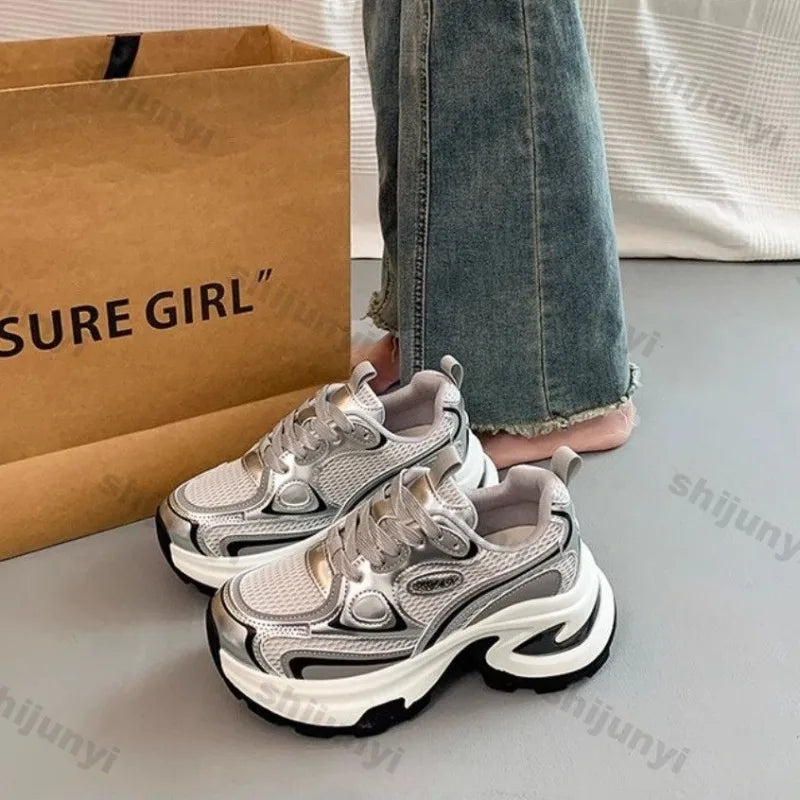 Showlu Fashion women's chunky sneakers with breathable mesh, non-slip outsole, lightweight outdoor casual sports shoes.