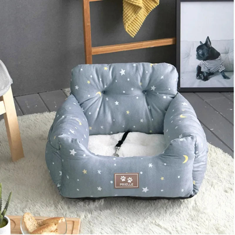 Showlu universal pet car seat carrier in nylon with safety belt for dogs, designed for secure travel and comfort.