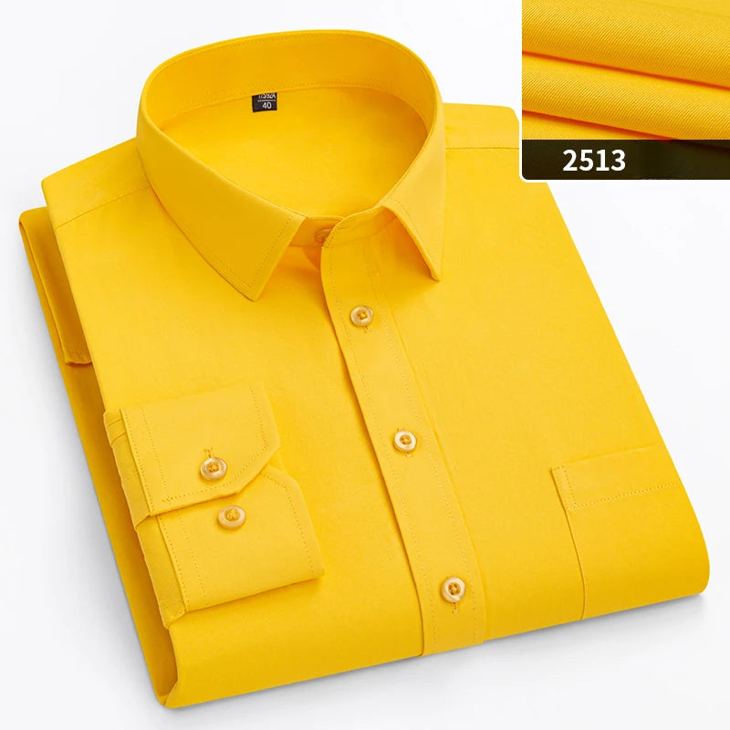 Plus size men's slim fit formal shirt with double collar, long sleeves, solid plain design, ideal for office and business wear.