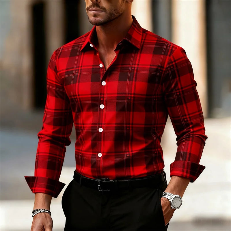 Men's plaid casual shirt from Showlu Fashion Store, long-sleeved street style top in large sizes, suitable for outdoor daily wear.