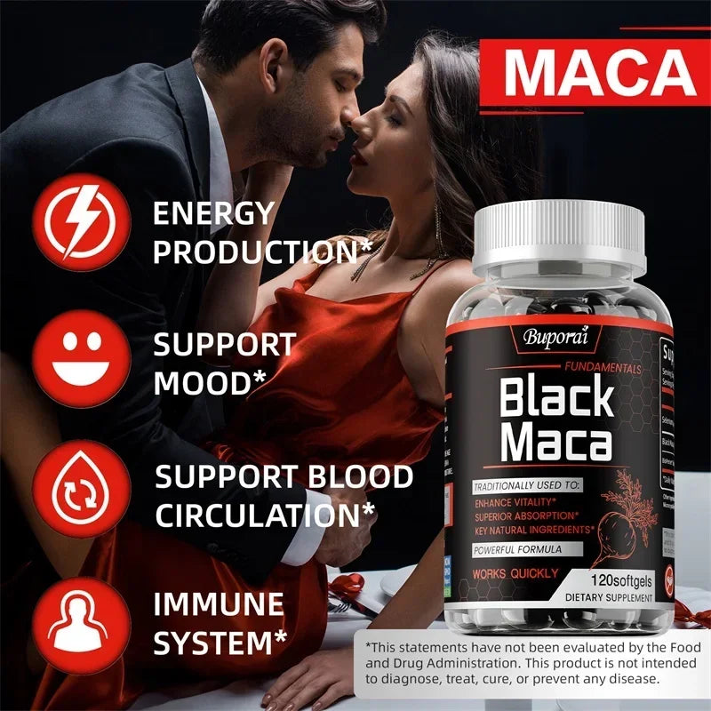 Black Maca supplement bottle from Showlu Fashion Store, designed to boost energy, endurance, muscle mass, and hormone balance.