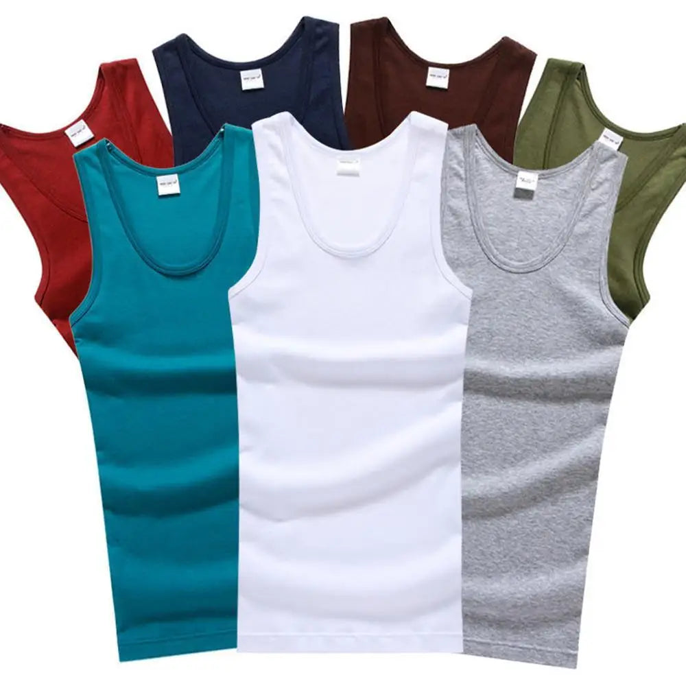 Men's sleeveless breathable cotton fitness tank top by Showlu Fashion Store, shown in a light color, ideal for workouts and active wear.