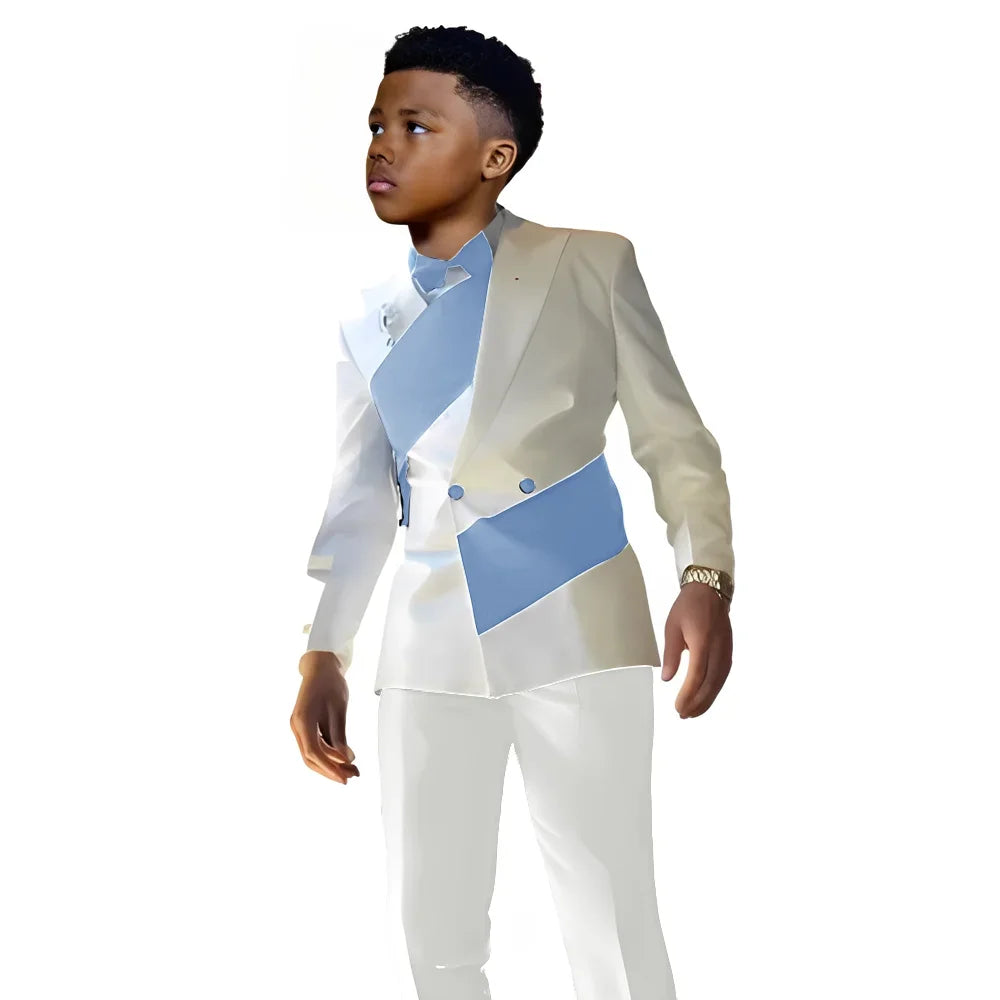 White satin boys suit set with double-breasted jacket and pants, slim fit tuxedo for kids aged 2-16, perfect for weddings.