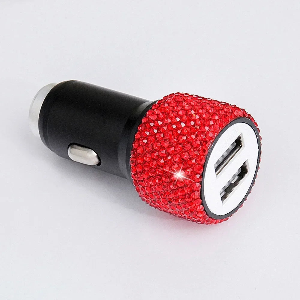 Pink crystal Showlu dual USB car charger with 3-in-1 charging cable, compact design for convenient charging on the go.