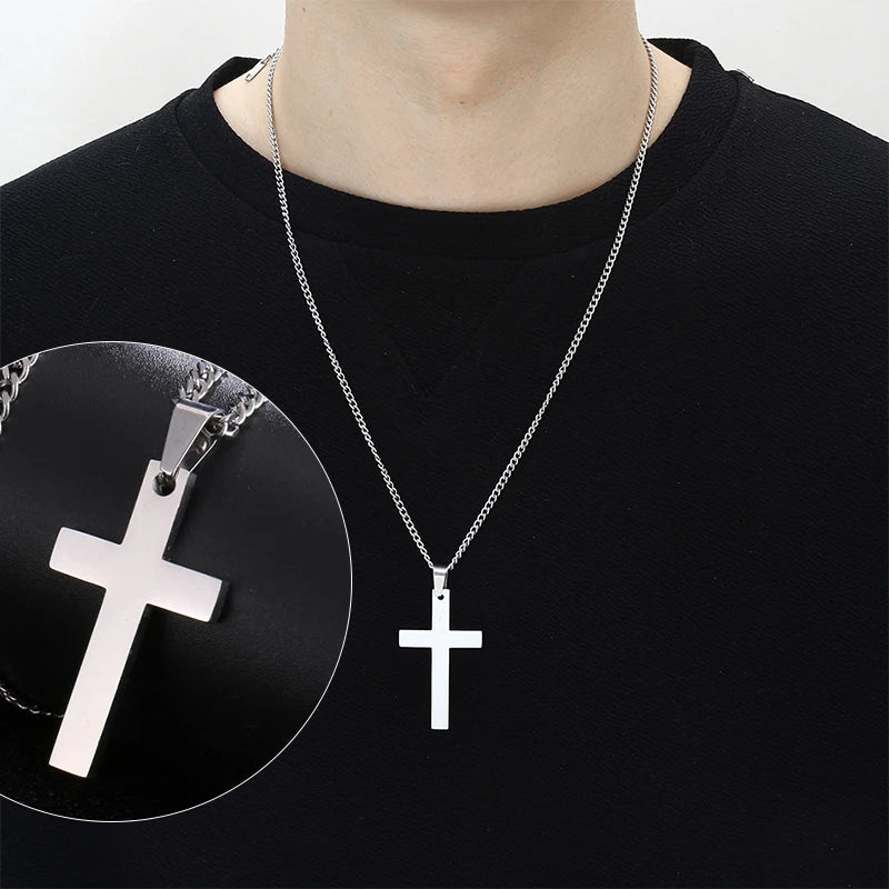 Stainless steel cross pendant necklace with punk hip hop link chain, shown in close-up with detailed metal links and cross design.