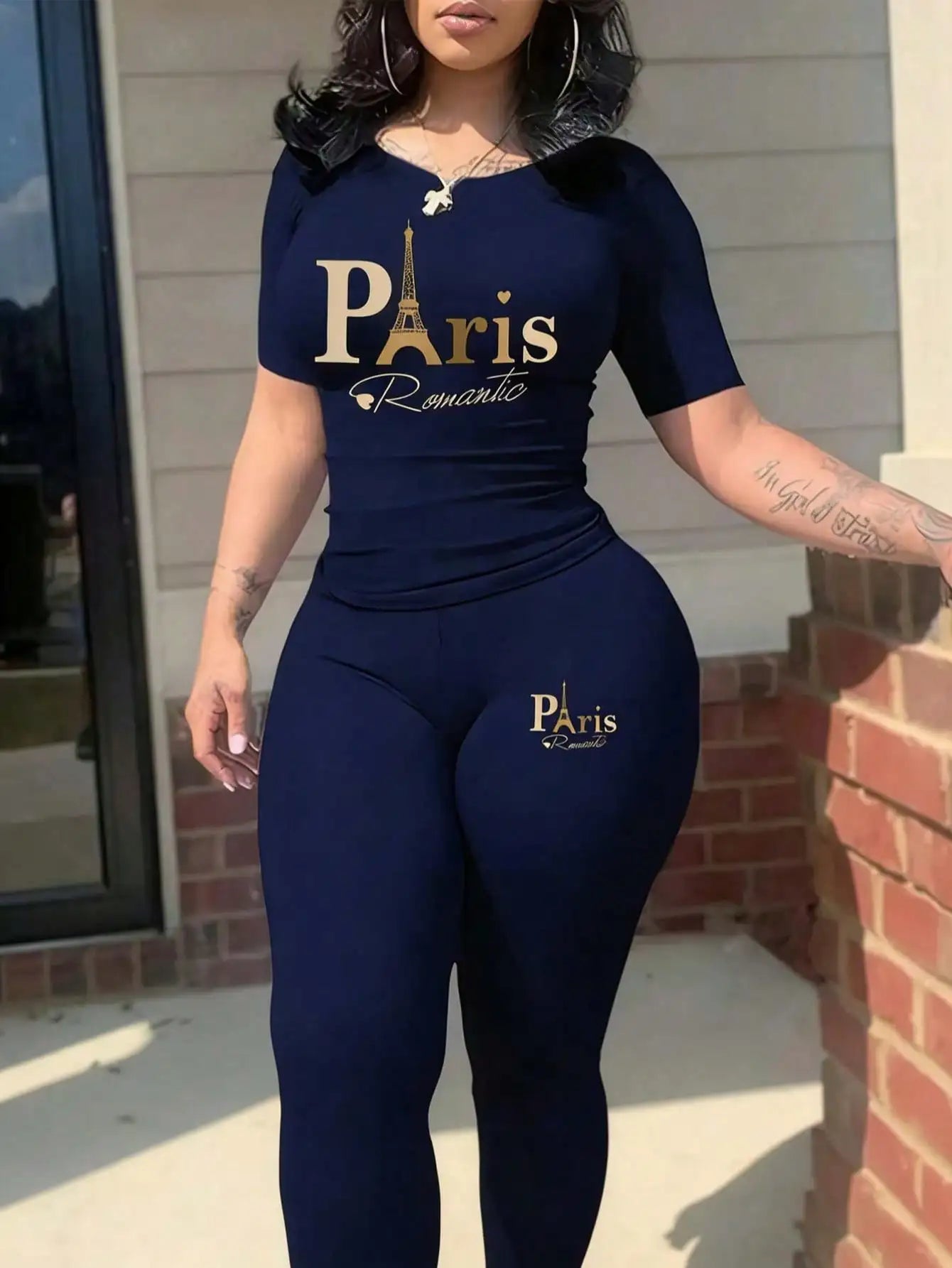 2026 Women's New Paris Printed Two-Piece Set, Casual Short-Sleeved Round Neck T-Shirt and Tight Pants Long Pants Set