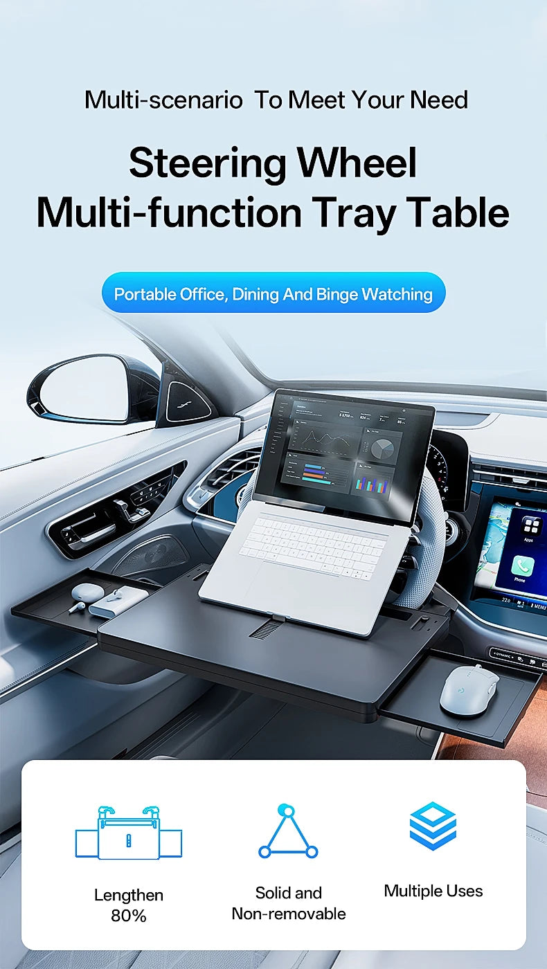 Showlu Smart General car steering wheel tray attached to steering wheel, providing a surface for snacks, drinks, or small items.